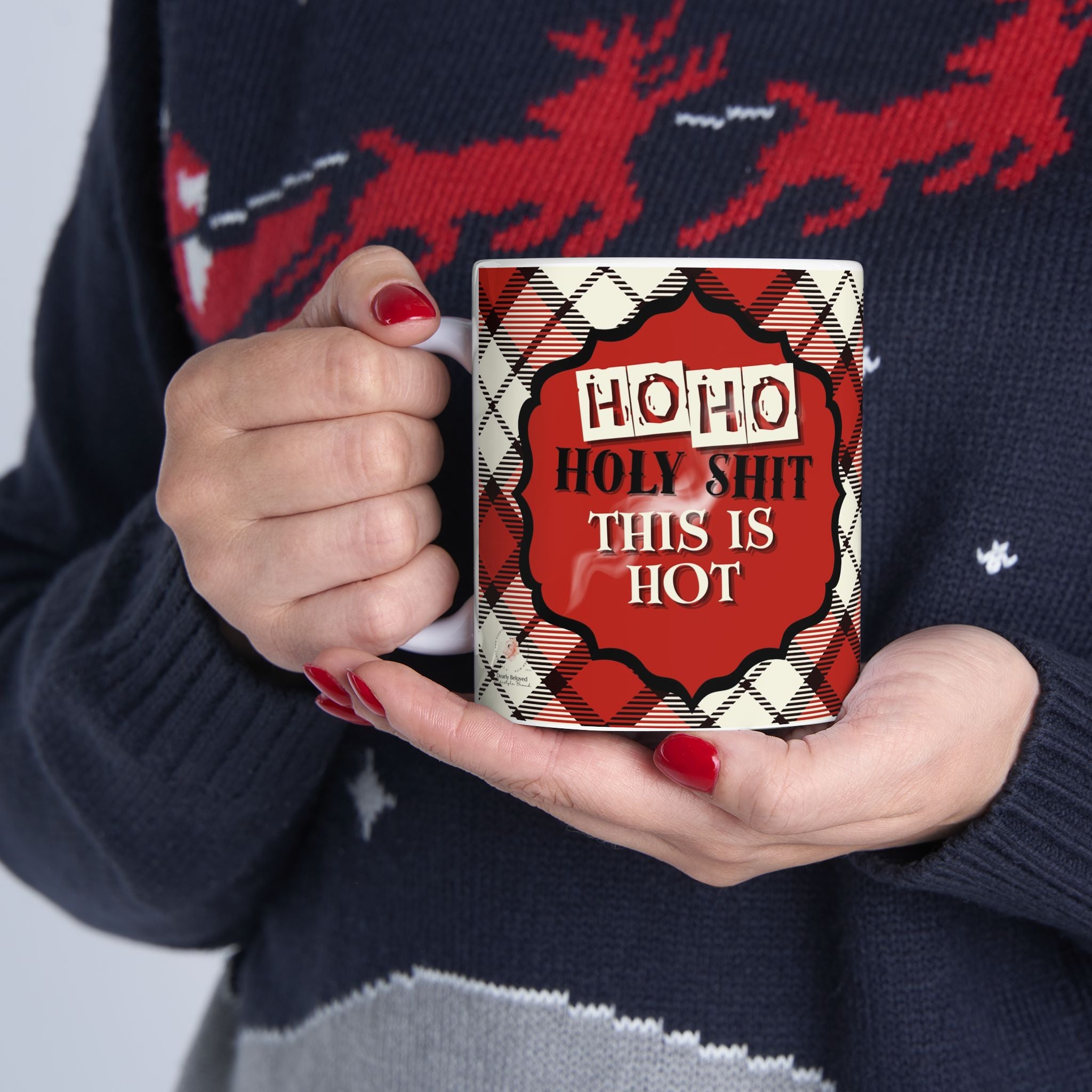 Holiday Plaid Ceramic Mug – “Ho Ho Holy Shit This Is Hot" (11oz & 15oz)