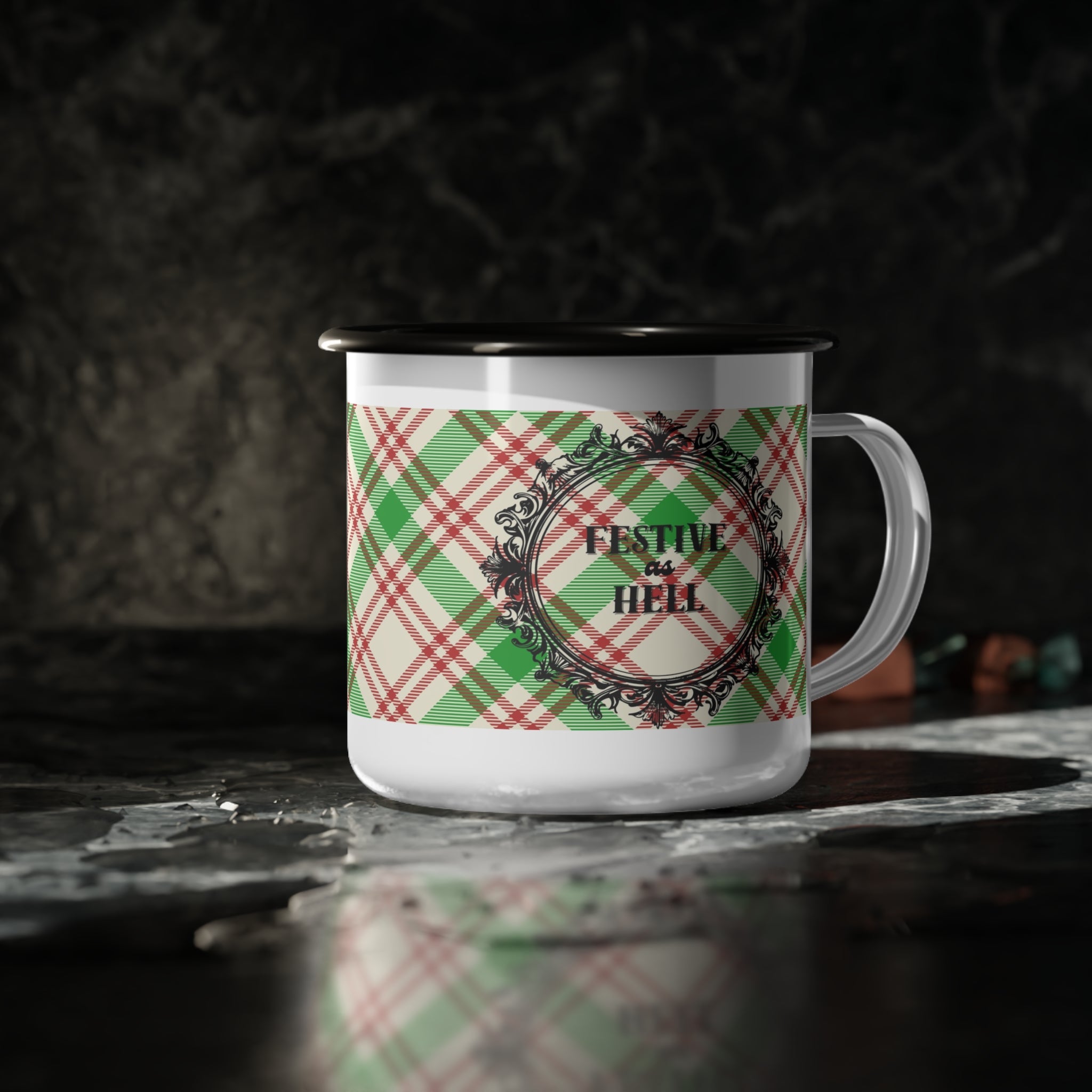 Holiday Plaid Enamel Camping Cup — “Festive as Hell”