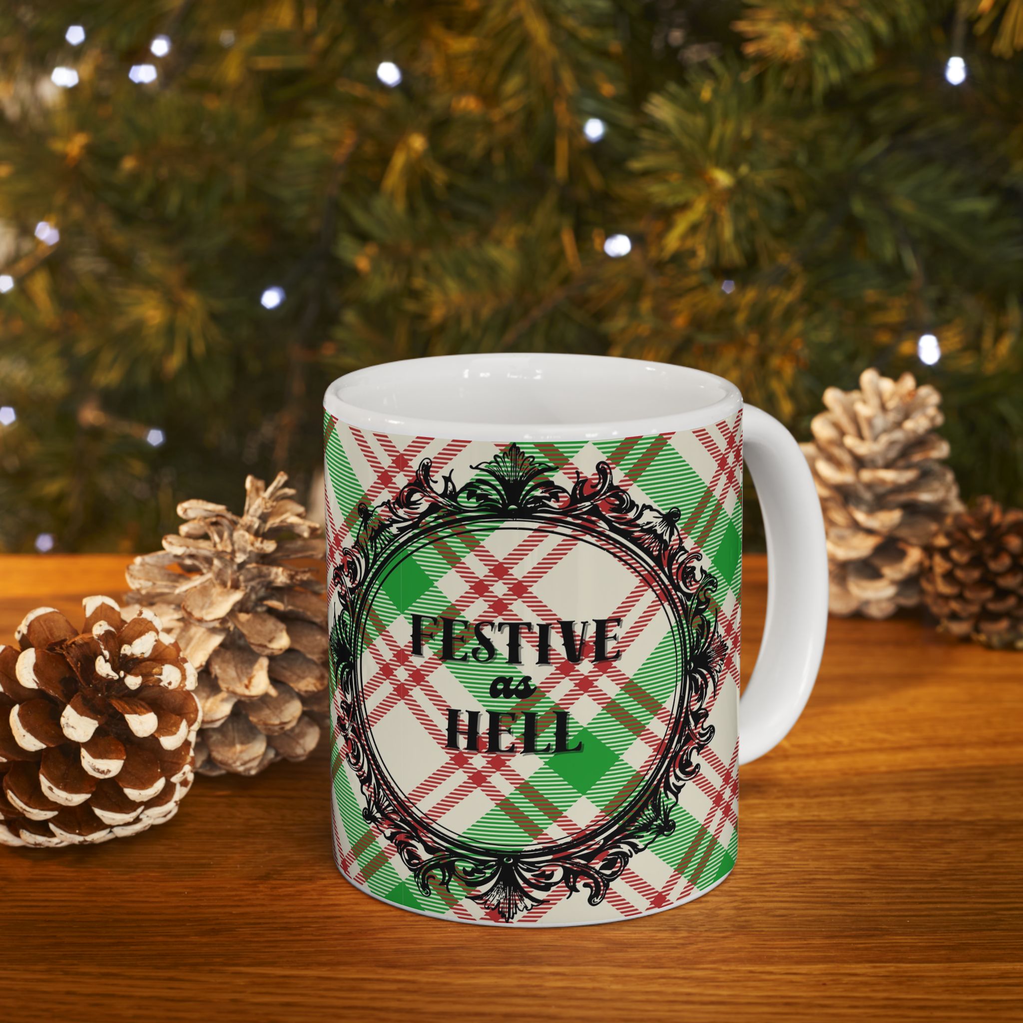 Holiday Plaid Ceramic Mug – 'Festive as Hell" (11oz & 15oz)