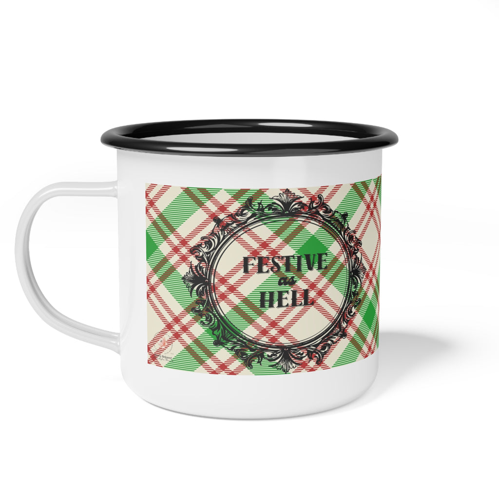 Holiday Plaid Enamel Camping Cup — “Festive as Hell”
