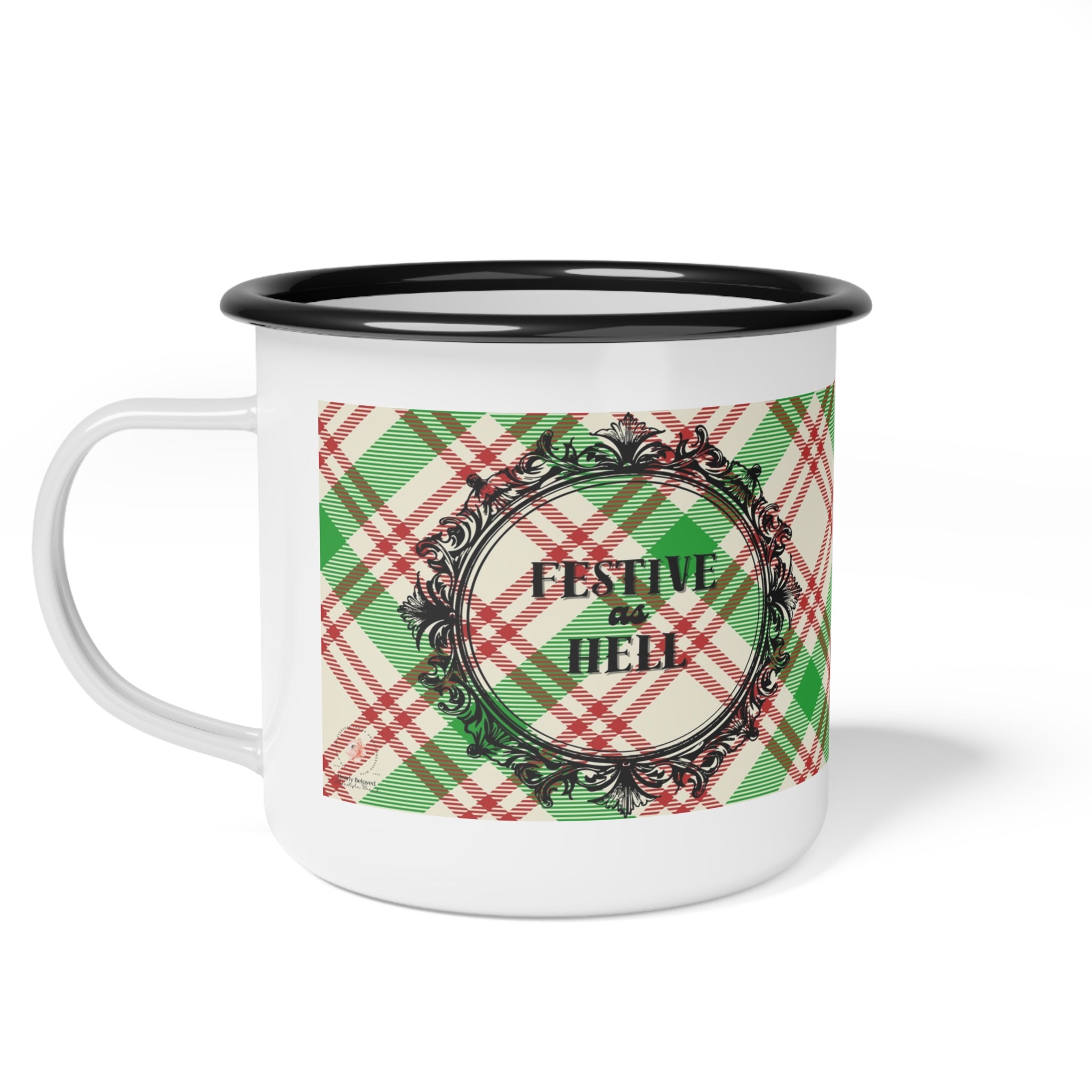 Holiday Plaid Enamel Camping Cup — “Festive as Hell”