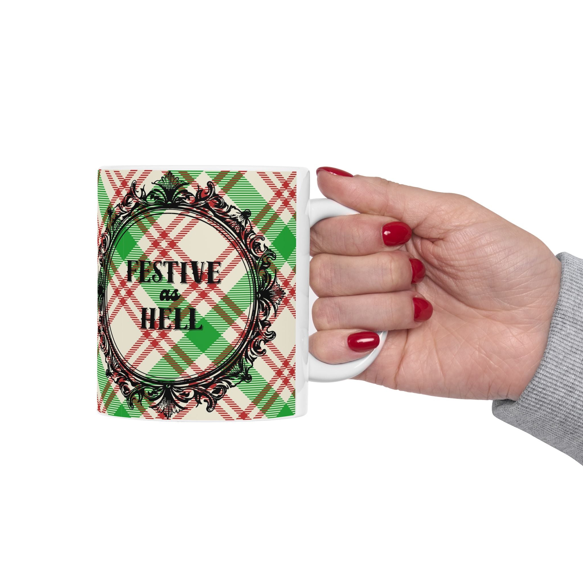 Holiday Plaid Ceramic Mug – 'Festive as Hell" (11oz & 15oz)