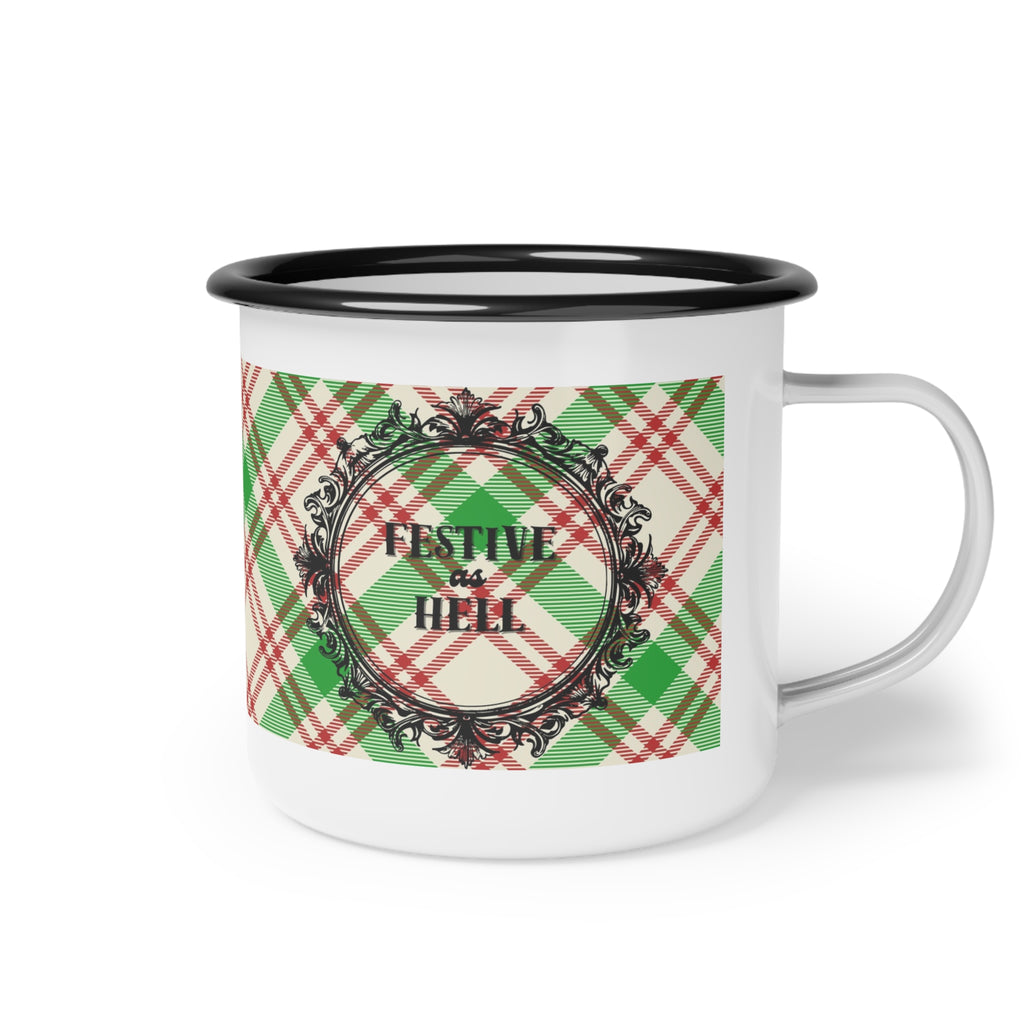 Holiday Plaid Enamel Camping Cup — “Festive as Hell”