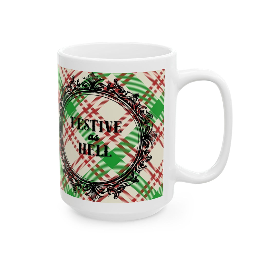 Holiday Plaid Ceramic Mug – 'Festive as Hell" (11oz & 15oz)