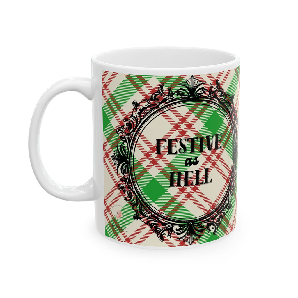 Holiday Plaid Ceramic Mug – 'Festive as Hell" (11oz & 15oz)
