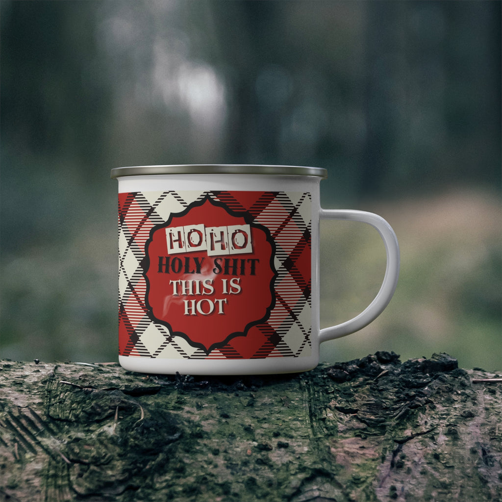 Holiday Plaid Enamel Camping Mug — “Ho Ho Holy Shit This Is Hot”