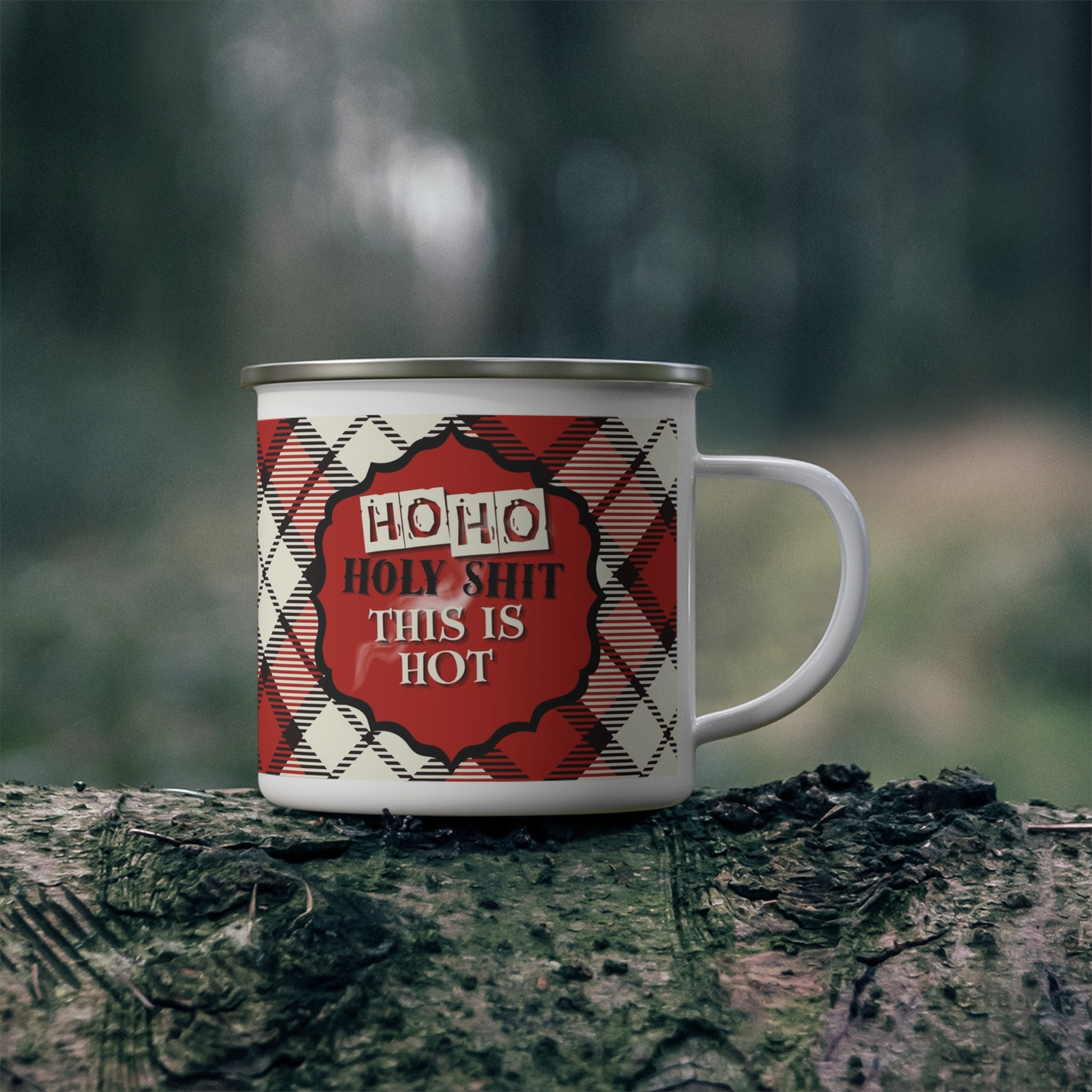 Holiday Plaid Enamel Camping Mug — “Ho Ho Holy Shit This Is Hot”