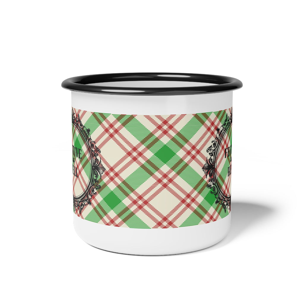 Holiday Plaid Enamel Camping Cup — “Festive as Hell”